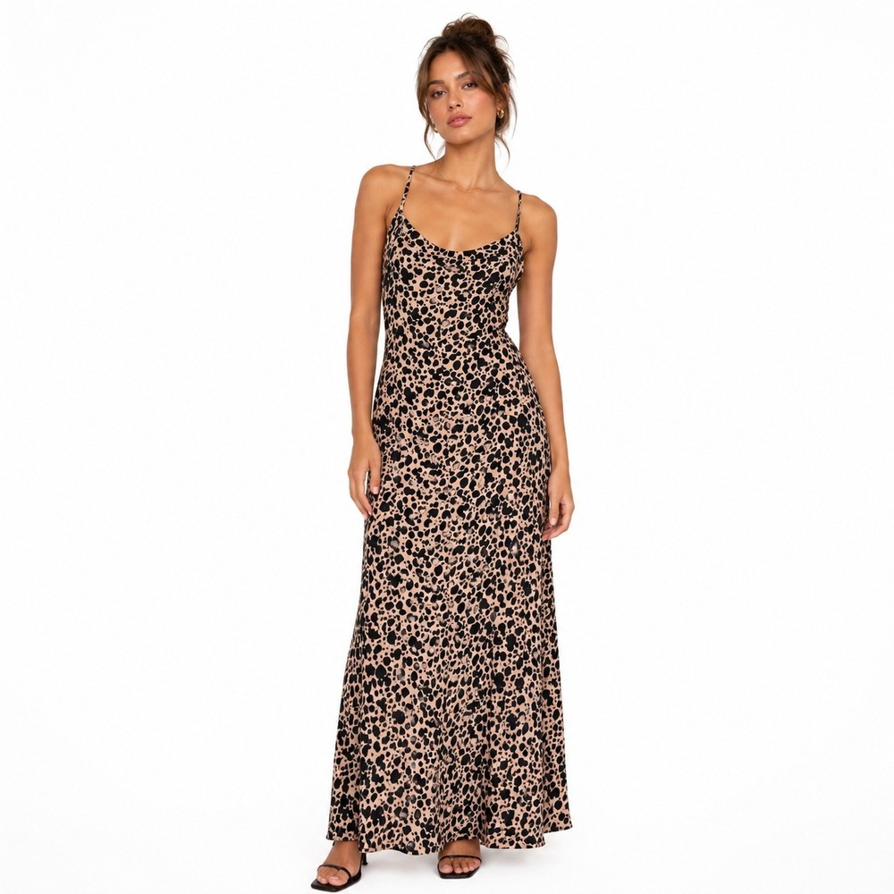 New Reformation Womens Blitz Maxi Dress Tan Black Leopard Slit Slip Dress Sz 0